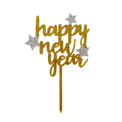 Topper "Happy New Year" Χρυσή με Glitter 9x13cm