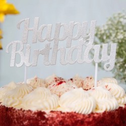Topper τούρτας Happy Birthday ασημί  με Glitter