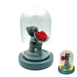 Διακοσμητικό Αρκουδάκι με Γυάλινη Καμπάνα, Φως & Forever Rose 16×11cm