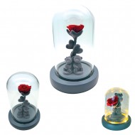 Διακοσμητικό Forever Rose με Γυάλινη Καμπάνα, Φως & 2 Καθιστά Βελούδινα Αρκουδάκια 16×11cm