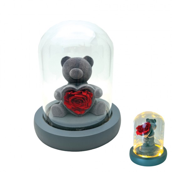 Διακοσμητικό Αρκουδάκι Forever Rose με Γυάλινη Καμπάνα & Φως 15.5×11cm