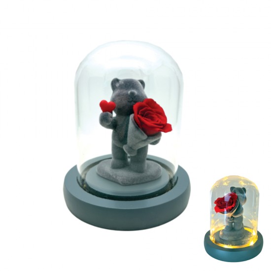 Διακοσμητικό Αρκουδάκι Forever Rose με Γυάλινη Καμπάνα & Φως 13×11cm
