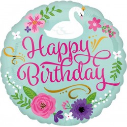 Μπαλόνι Foil 18″ Happy Birthday Φλοράλ Κύκνος