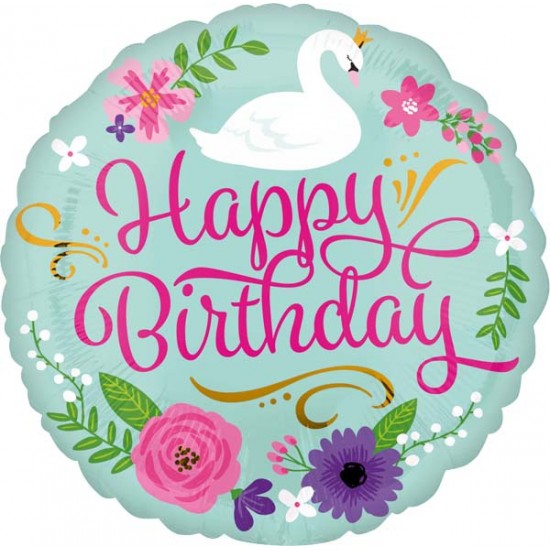 Μπαλόνι Foil 18″ Happy Birthday Φλοράλ Κύκνος Μπαλόνι Foil 18″ Happy Birthday Φλοράλ Κύκνος