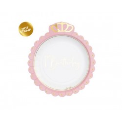 Πιάτα Σχηματικά First Birthday Ροζ με Κορώνα / 8 τεμ