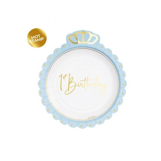 Πιάτα Σχηματικά First Birthday Σιέλ με Κορώνα / 8 τεμ Πιάτα Σχηματικά First Birthday Σιέλ με Κορώνα / 8 τεμ