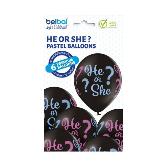 Μπαλόνια Λάτεξ 11" Gender Reveal Μαύρο He or She? / 6 τεμ Μπαλόνια Λάτεξ 11" Gender Reveal Μαύρο He or She? / 6 τεμ