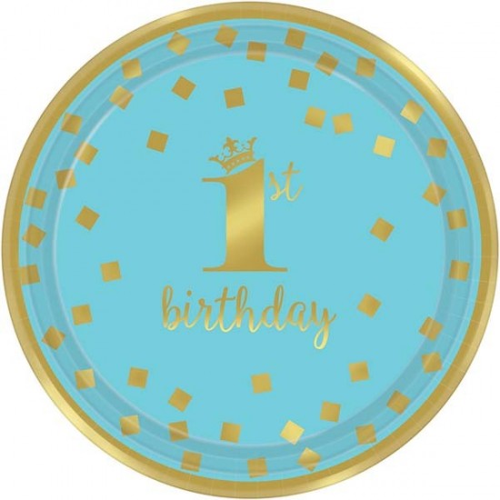 Πιάτα "1st Birthday"μικρά μπλε & χρυσό (8 τεμ)
